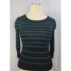 By & By Green Black Striped Lace Up Shoulder Knit Top Size Large